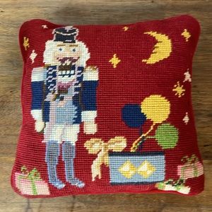 Nutcracker Cross Stitch Throw Pillow Red Blue Yellow Christmas 9.5" x 9.5"